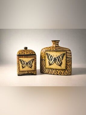 Matching Decorative Box and Bud Vase set with hand painted Butterfly Accents